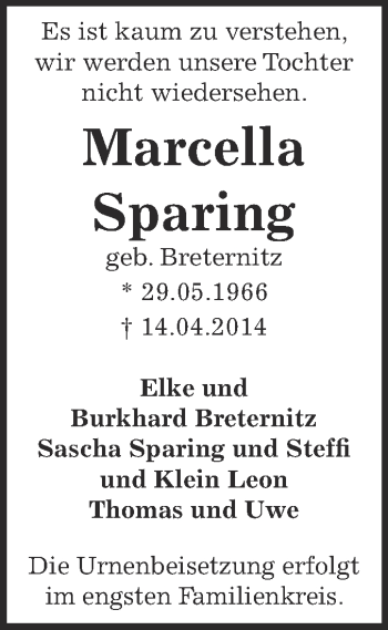 Traueranzeige von Marcella Sparing von Super Sonntag Bernburg
