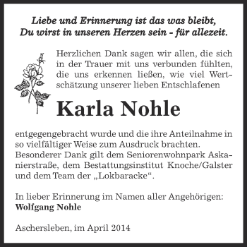 Traueranzeige von Karla Nohle von Super Sonntag Aschersleben