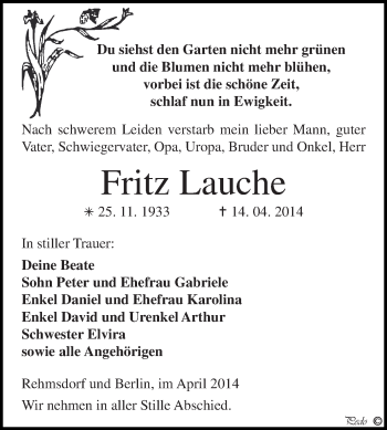 Traueranzeige von Fritz Lauche von Super Sonntag Zeitz