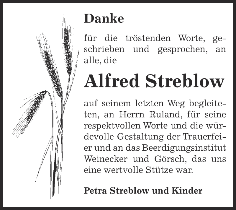  Traueranzeige für Alfred Streblow vom 20.04.2014 aus Super Sonntag Bernburg