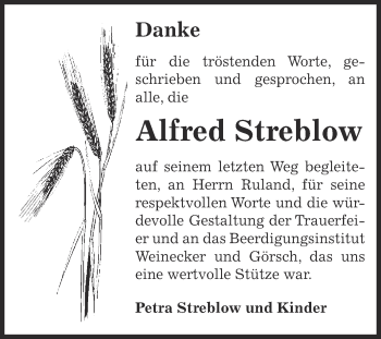 Traueranzeige von Alfred Streblow von Super Sonntag Bernburg