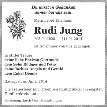 Traueranzeige von Rudi Jung von WVG - Wochenspiegel Dessau / Köthen