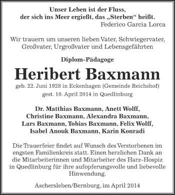 Traueranzeige von Heribert Baxmann von Super Sonntag Bernburg
