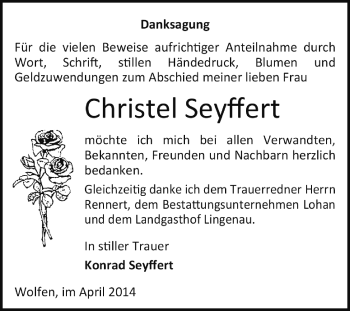 Traueranzeige von Christel Seyffert von Super Sonntag Dessau / Köthen