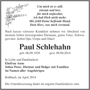 Traueranzeige von Paul Schlehahn von WVG - Wochenspiegel Merseburg