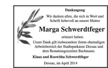 Traueranzeige von Marga Schwerdtfeger von Super Sonntag Dessau / Köthen