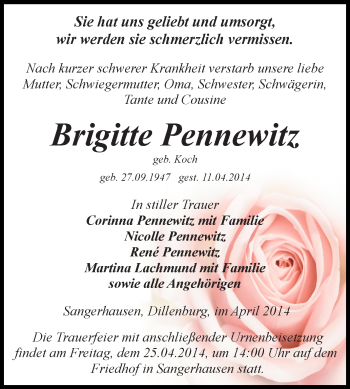 Traueranzeige von Brigitte Pennewitz von Super Sonntag SGH Mansf. Land