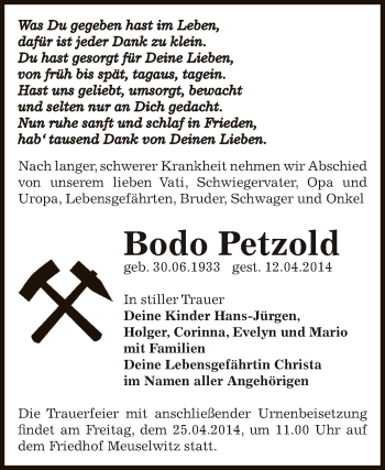 Traueranzeige von Bodo Petzold von Super Sonntag Zeitz