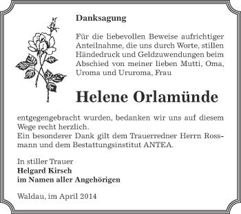 Traueranzeige von Helene Orlamünde von Super Sonntag Zeitz