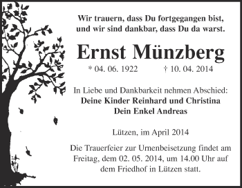 Traueranzeige von Ernst Münzberg von WVG - Wochenspiegel Merseburg