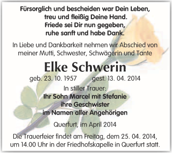 Traueranzeige von Elke Schwerin von WVG - Wochenspiegel Merseburg