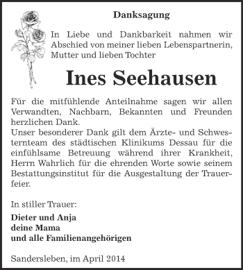 Traueranzeige von Ines Seehausen von Super Sonntag SGH Mansf. Land