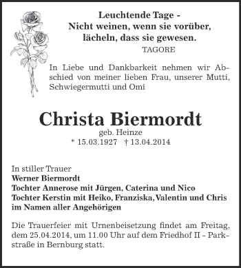 Traueranzeige von Christa Biermordt von Super Sonntag Bernburg