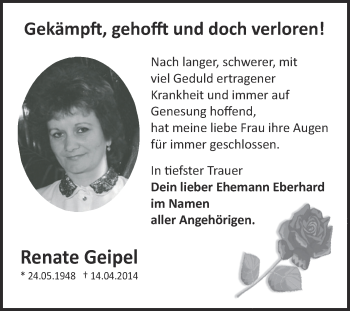 Traueranzeige von Renate Geipel von Super Sonntag Zeitz