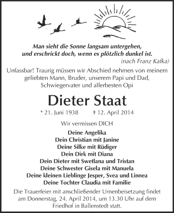 Traueranzeige von Dieter Staat von WVG - Wochenspiegel Quedlinburg