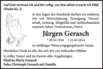 Traueranzeige von Jürgen Gerasch von Super Sonntag Dessau / Köthen