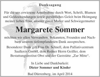 Traueranzeige von Margarete Sommer von Super Sonntag Merseburg