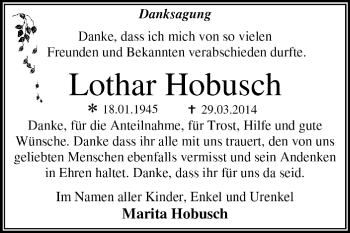 Traueranzeige von Lothar Hobusch von Super Sonntag Dessau / Köthen