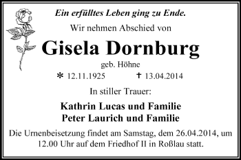 Traueranzeige von Gisela Dornburg von Super Sonntag Dessau / Köthen