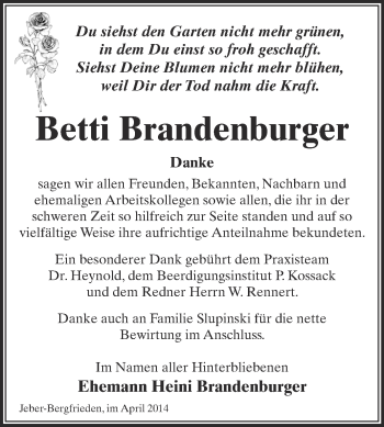 Traueranzeige von Betti Brandenburger von WVG - Wochenspiegel Dessau / Köthen