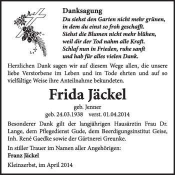 Traueranzeige von Frida Jäckel von Super Sonntag Dessau / Köthen