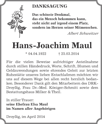Traueranzeige von Hans-Joachim Maul von Super Sonntag Zeitz