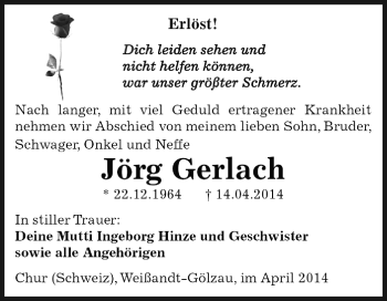 Traueranzeige von Jörg Gerlach von WVG - Wochenspiegel Dessau / Köthen