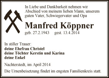 Traueranzeige von Manfred Köppner von Super Sonntag Aschersleben
