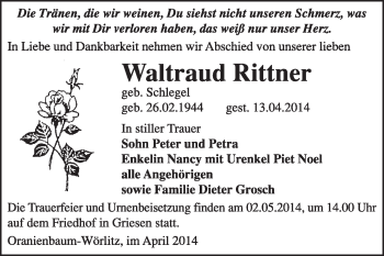 Traueranzeige von Waltraud Rittner von Super Sonntag Wittenberg