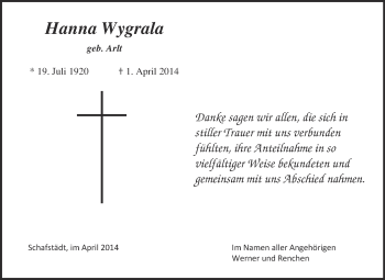 Traueranzeige von Hanna Wygrala von Super Sonntag Merseburg