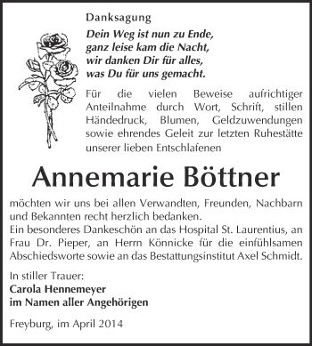 Traueranzeige von Annemarie Böttner von WVG - Wochenspiegel NMB / WSF / ZTZ