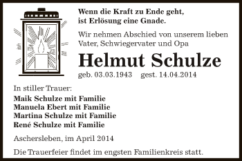 Traueranzeige von Helmut Schulze von WVG - Wochenspiegel Aschersleben