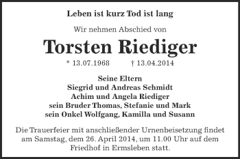 Traueranzeige von Torsten Riediger von WVG - Wochenspiegel Aschersleben