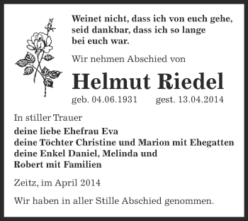 Traueranzeige von Helmut Riedel von Super Sonntag Zeitz