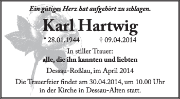 Traueranzeige von Karl Hartwig von Super Sonntag Dessau / Köthen