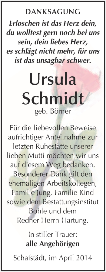 Traueranzeige von Ursula Schmidt von WVG - Wochenspiegel Merseburg