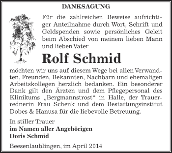 Traueranzeige von Rolf Schmid von Super Sonntag Bernburg