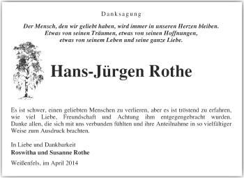 Traueranzeige von Hans-Jürgen Rothe von Super Sonntag Merseburg