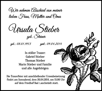 Traueranzeige von Ursula Stieber von WVG - Wochenspiegel Merseburg