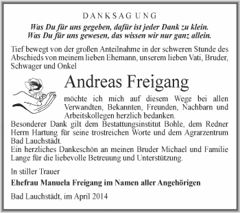 Traueranzeige von Andreas Freigang von Super Sonntag Merseburg