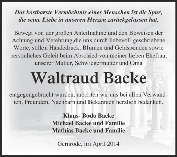 Traueranzeige von Waltraud Backe von WVG - Wochenspiegel Quedlinburg