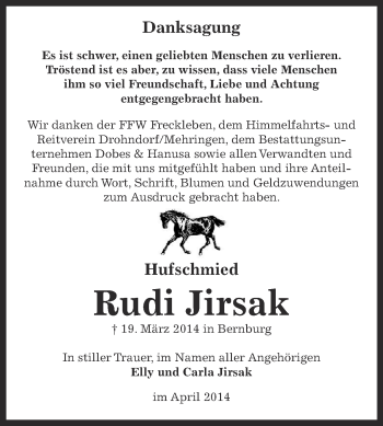 Traueranzeige von Rudi Jirsak von Super Sonntag Bernburg