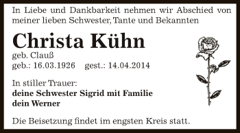 Traueranzeige von Christa Kühn von Super Sonntag Zeitz