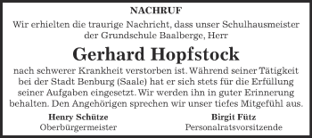 Traueranzeige von Gerhard Hopfstock von Super Sonntag Bernburg