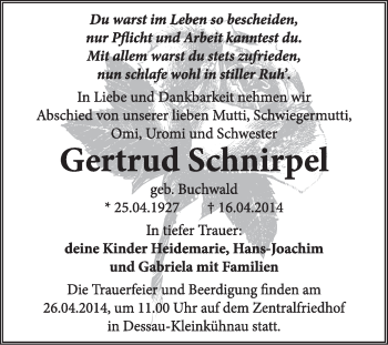 Traueranzeige von Gertrud Schnirpel von Super Sonntag Dessau / Köthen