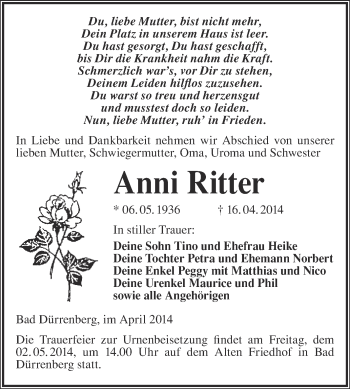 Traueranzeige von Anni Ritter von Super Sonntag Merseburg