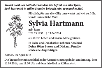 Traueranzeige von Sylvia Hartmann von Super Sonntag Dessau / Köthen