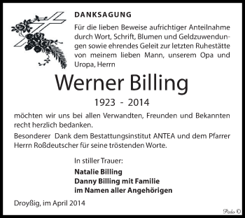 Traueranzeige von Werner Billing von Super Sonntag Zeitz