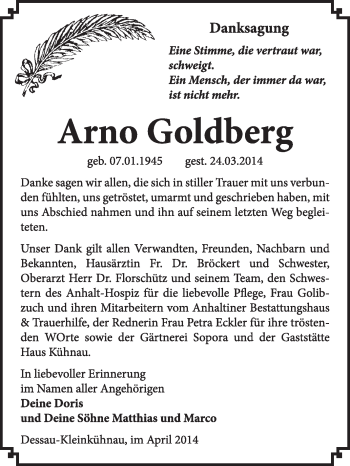 Traueranzeige von Arno Goldberg von Super Sonntag Dessau / Köthen