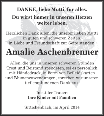 Traueranzeige von Amalie Aschenbrenner von Super Sonntag SGH Mansf. Land